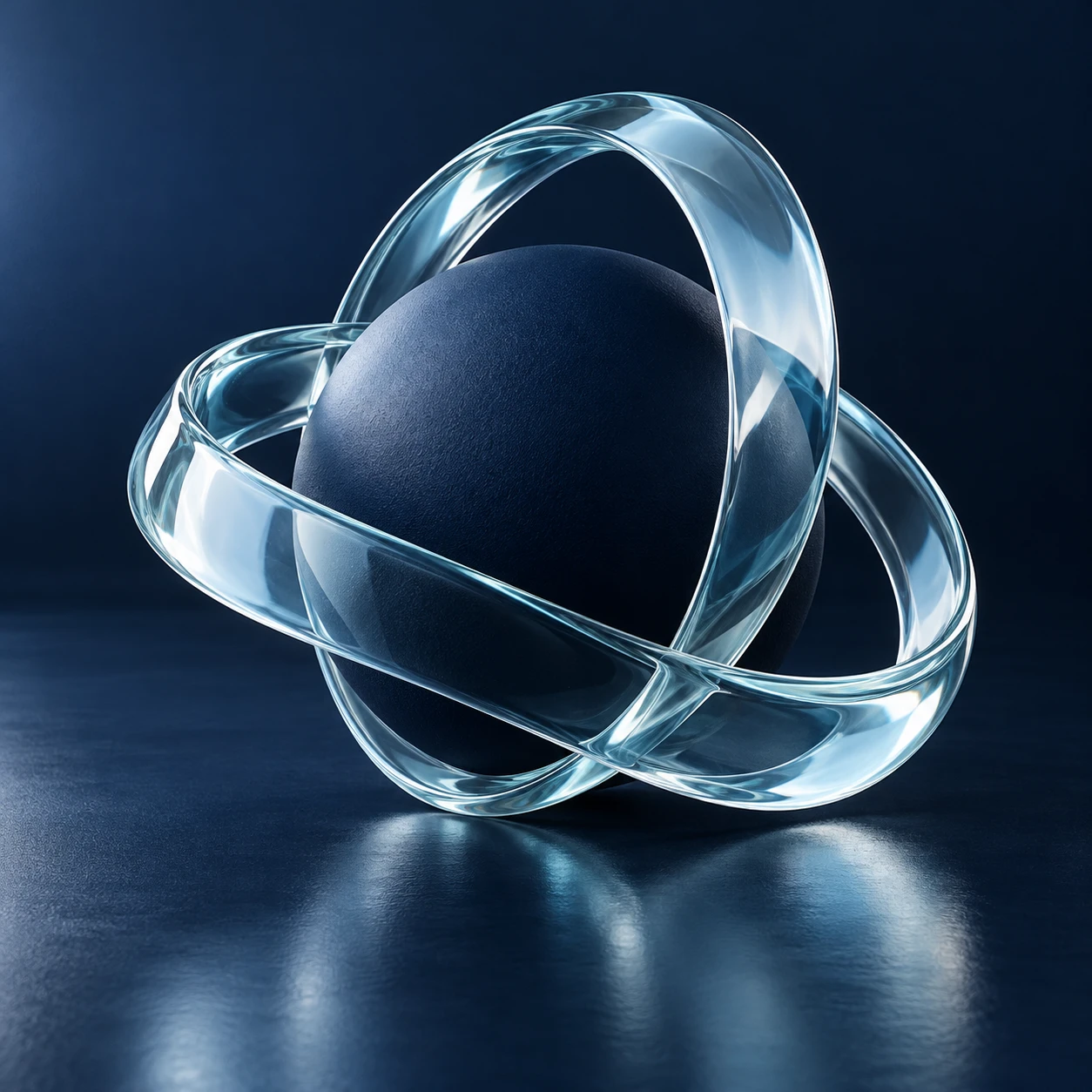 Creative sculpture of two translucent blue ribbons looping around a navy sphere